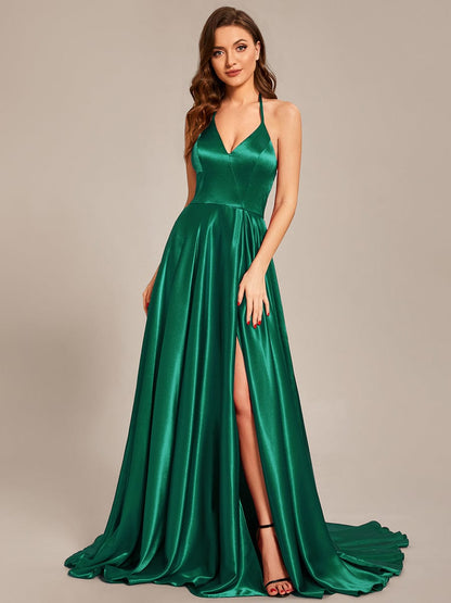 Custom Size Halter Neck High Front Slit Floor Length Prom Dress #color_Dark Green