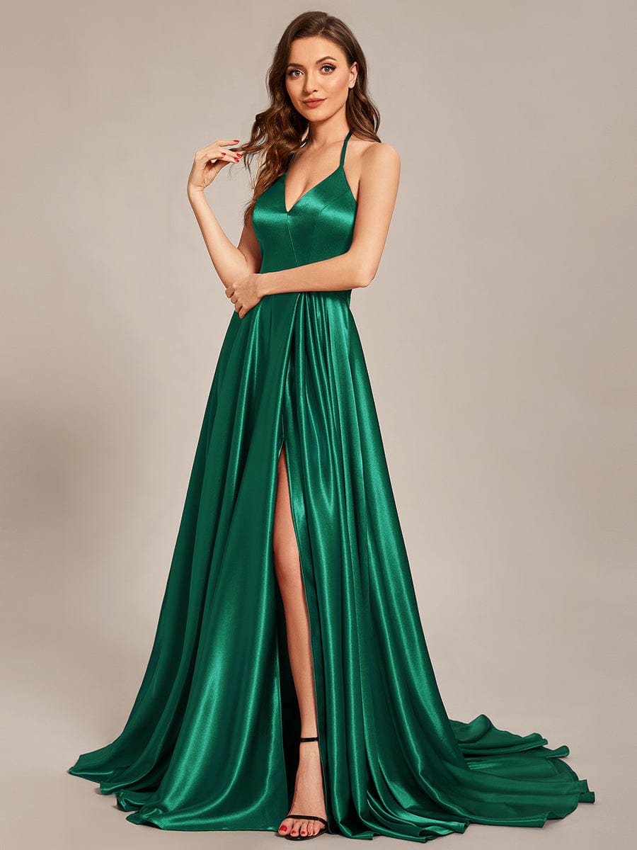 Custom Size Halter Neck High Front Slit Floor Length Prom Dress #color_Dark Green