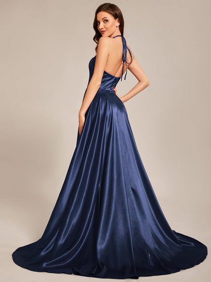 Custom Size Halter Neck High Front Slit Floor Length Prom Dress #color_Navy Blue