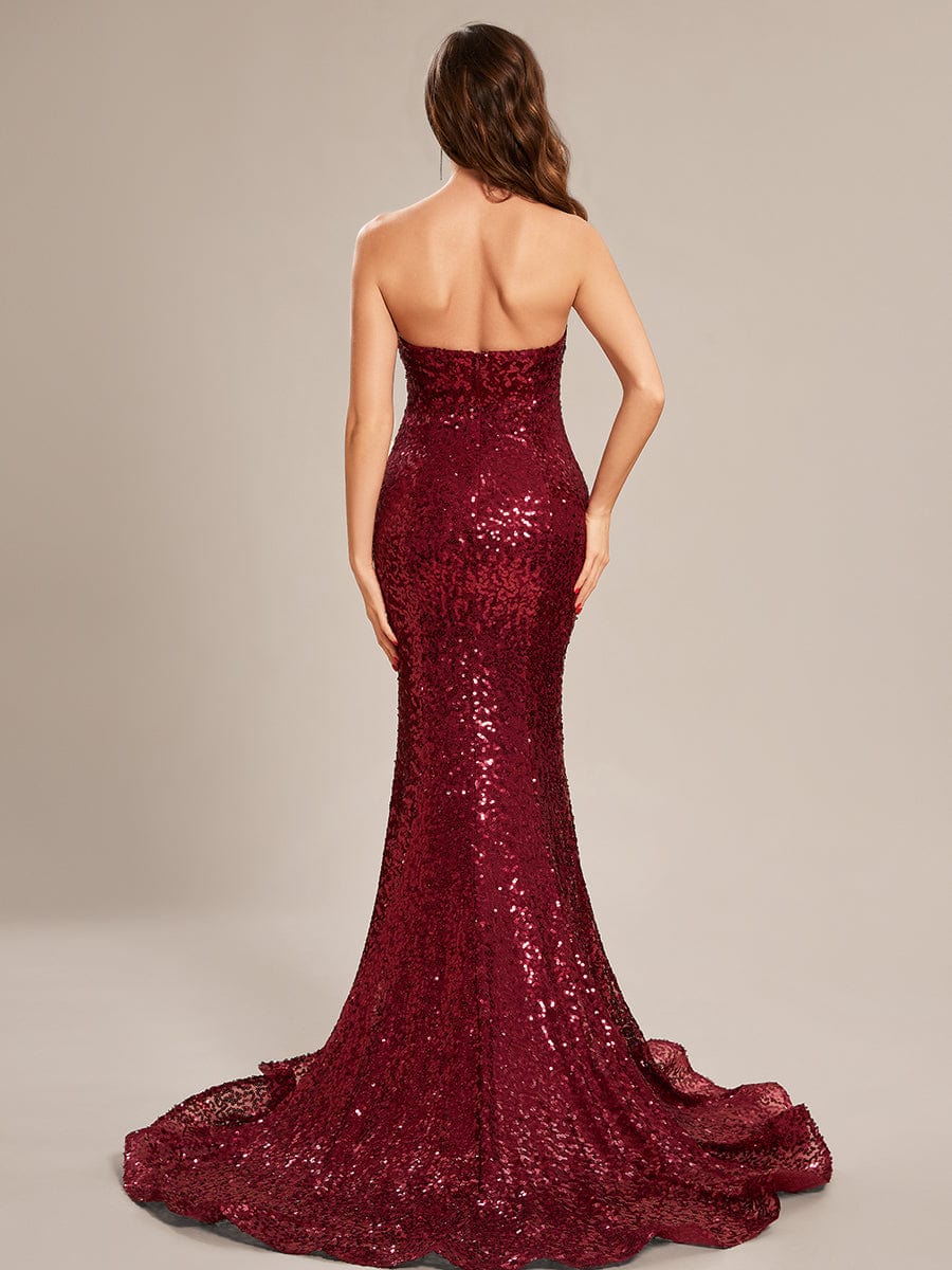 Custom Size Strapless Sweetheart Long Bodycon Sequin Prom Dress #color_Burgundy