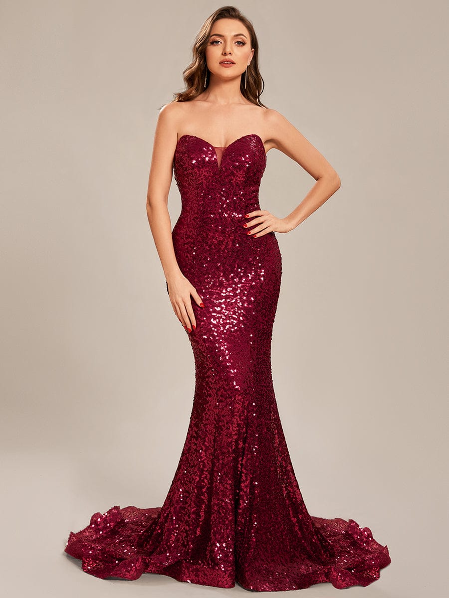 Custom Size Strapless Sweetheart Long Bodycon Sequin Prom Dress #color_Burgundy