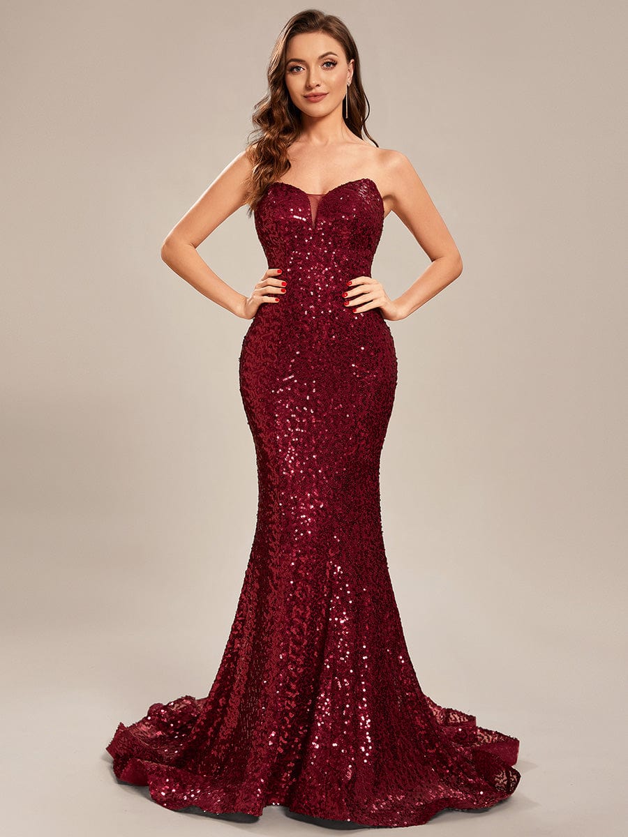 Custom Size Strapless Sweetheart Long Bodycon Sequin Prom Dress #color_Burgundy