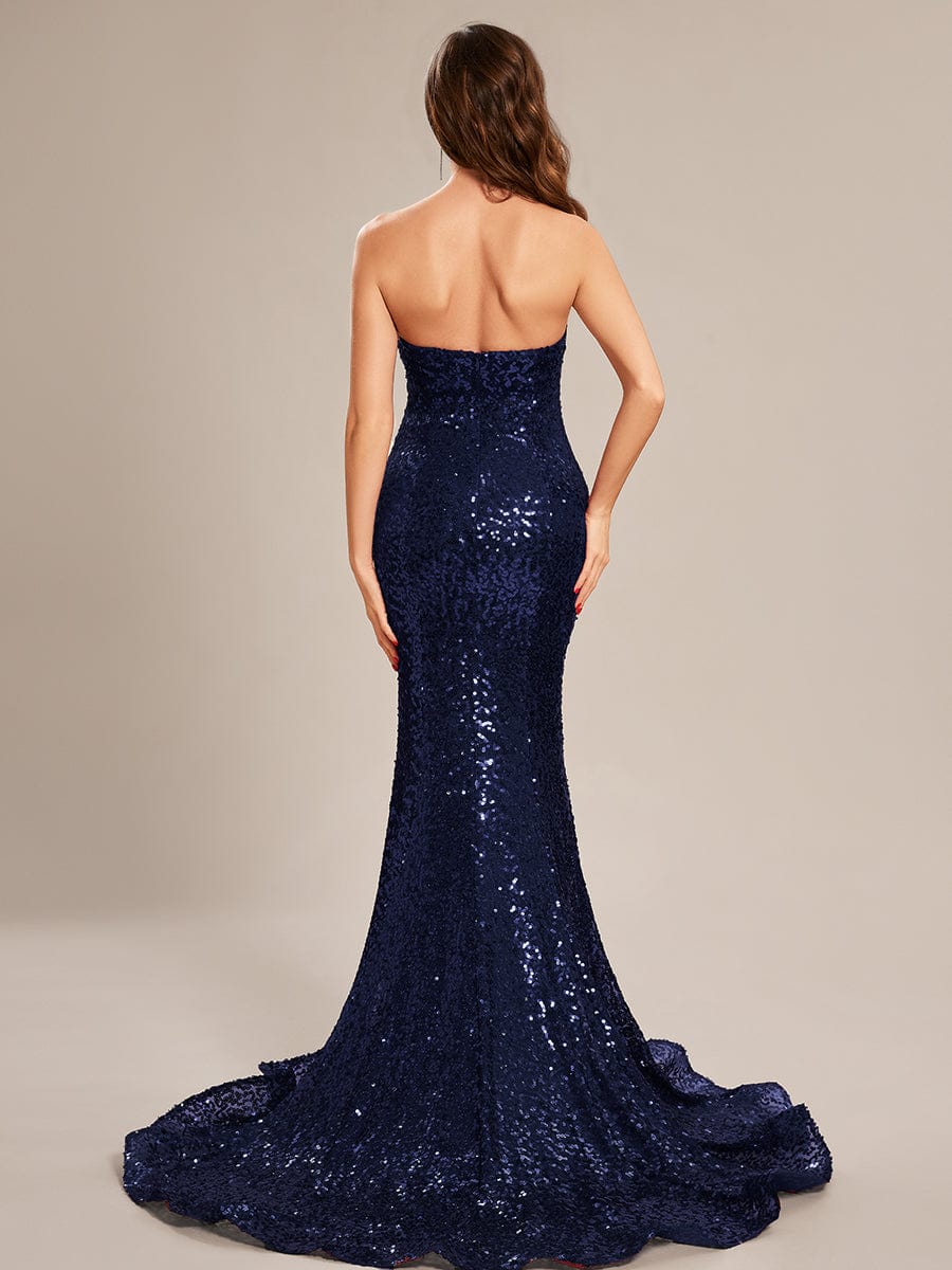 Custom Size Strapless Sweetheart Long Bodycon Sequin Prom Dress #color_Navy Blue