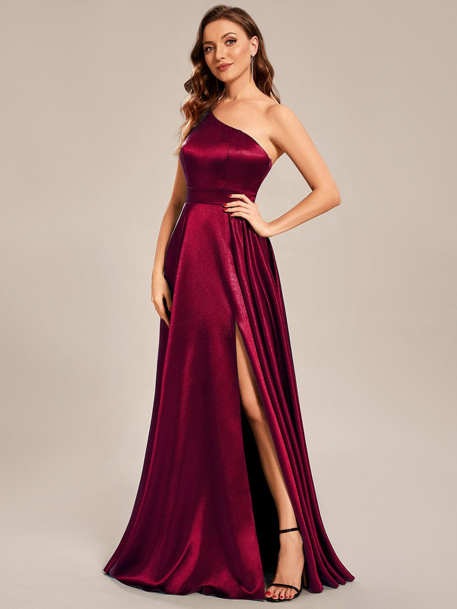 Custom Size One Shoulder Long Satin A Line Prom Dress #color_Burgundy