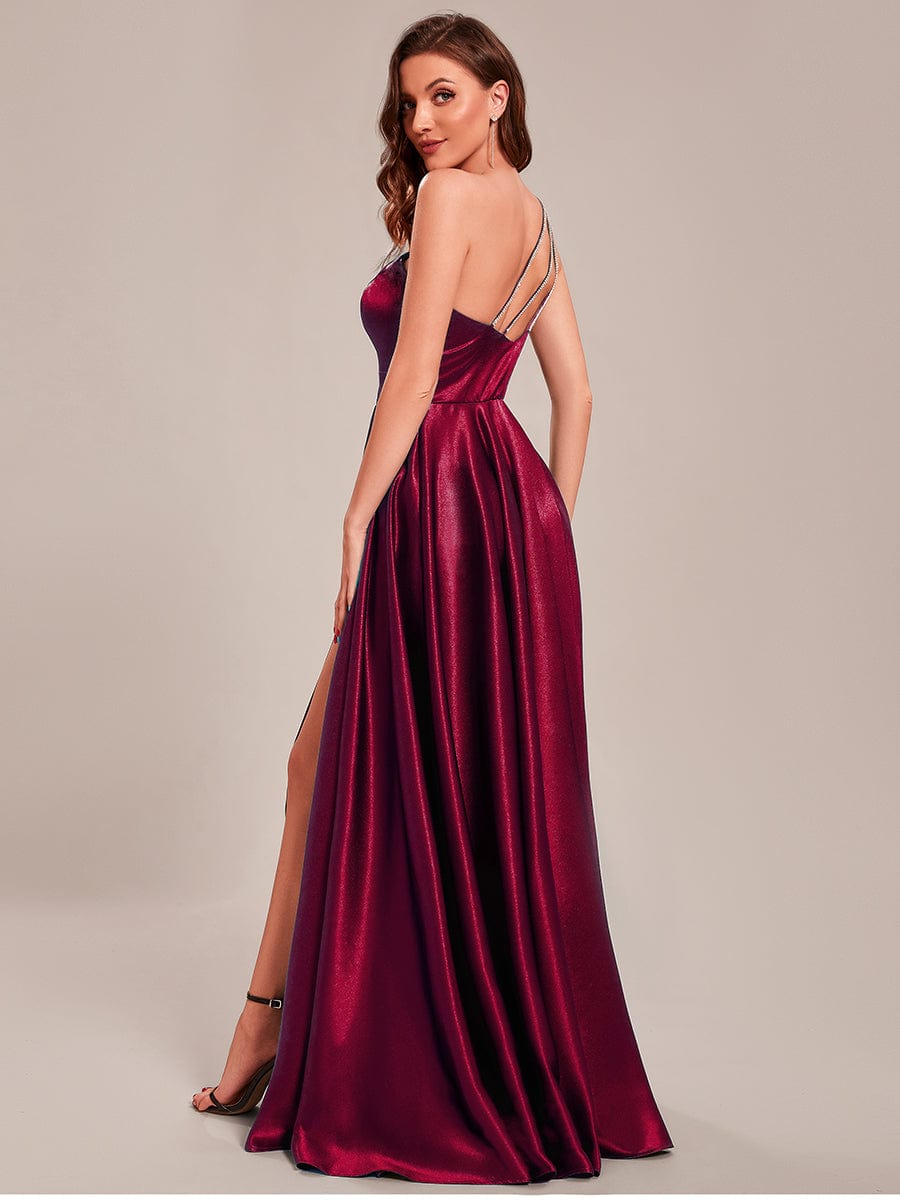 Custom Size One Shoulder Long Satin A Line Prom Dress #color_Burgundy