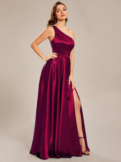 Custom Size One Shoulder Long Satin A Line Prom Dress #color_Burgundy