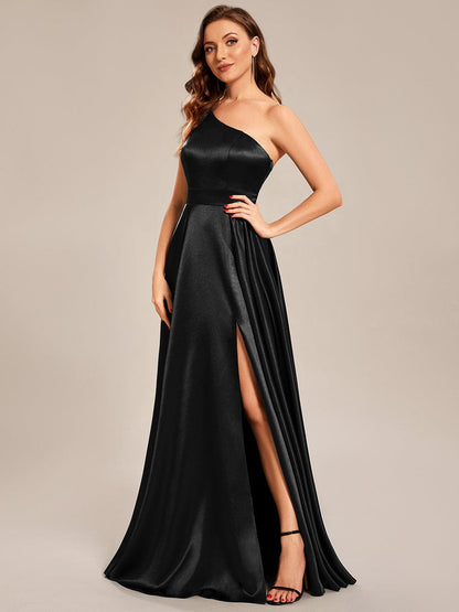 Custom Size One Shoulder Long Satin A Line Prom Dress #color_Black