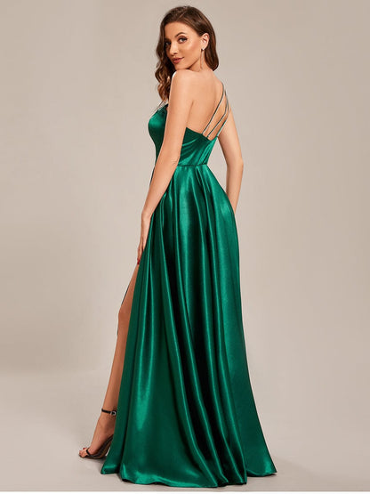 Custom Size One Shoulder Long Satin A Line Prom Dress #color_Dark Green