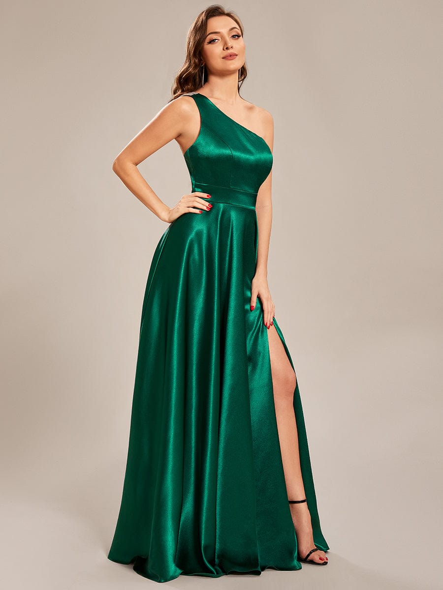 Custom Size One Shoulder Long Satin A Line Prom Dress #color_Dark Green