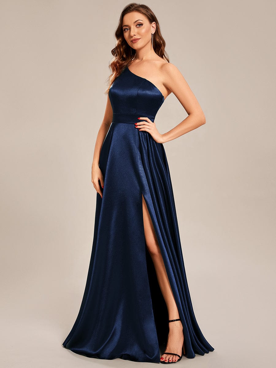 Custom Size One Shoulder Long Satin A Line Prom Dress #color_Navy Blue