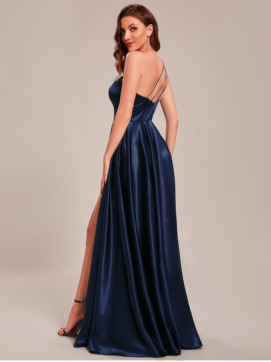 Custom Size One Shoulder Long Satin A Line Prom Dress #color_Navy Blue