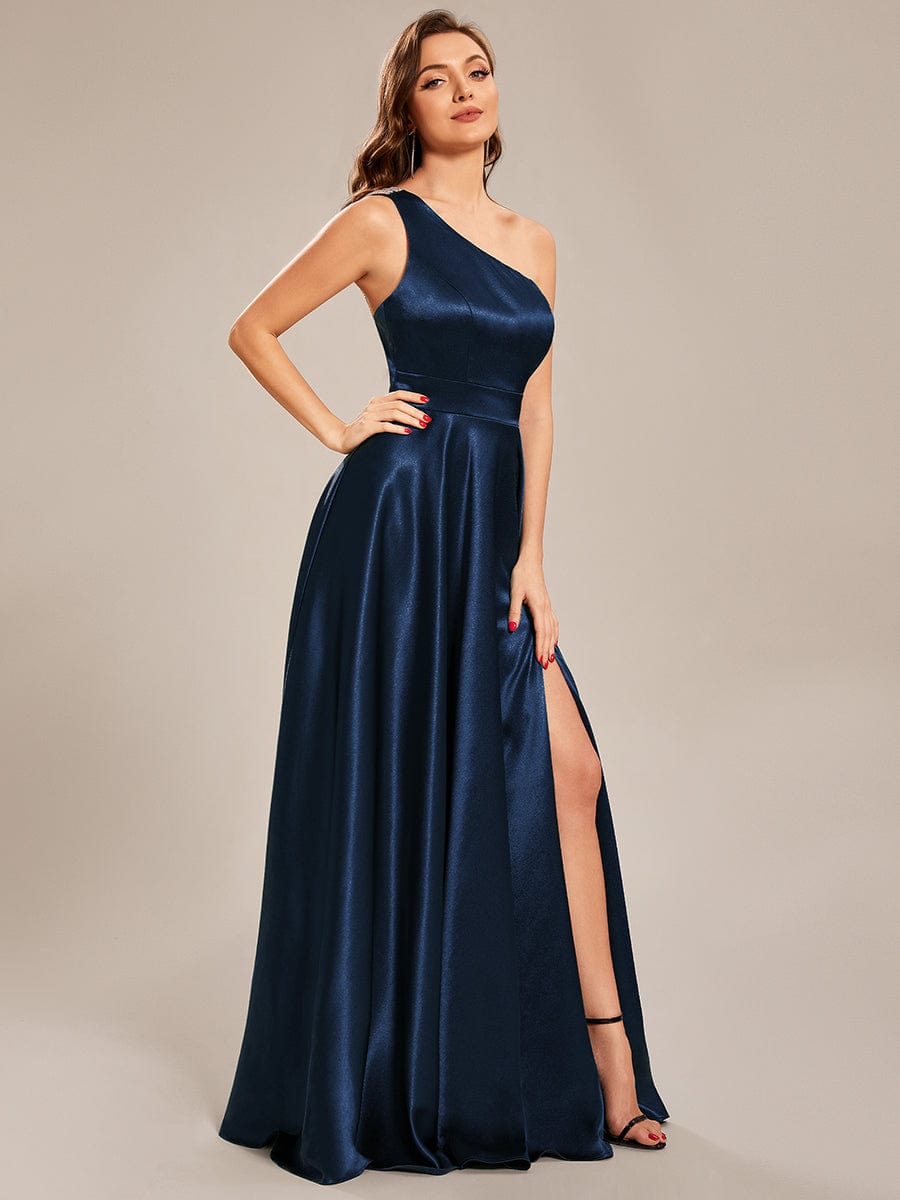 Custom Size One Shoulder Long Satin A Line Prom Dress #color_Navy Blue