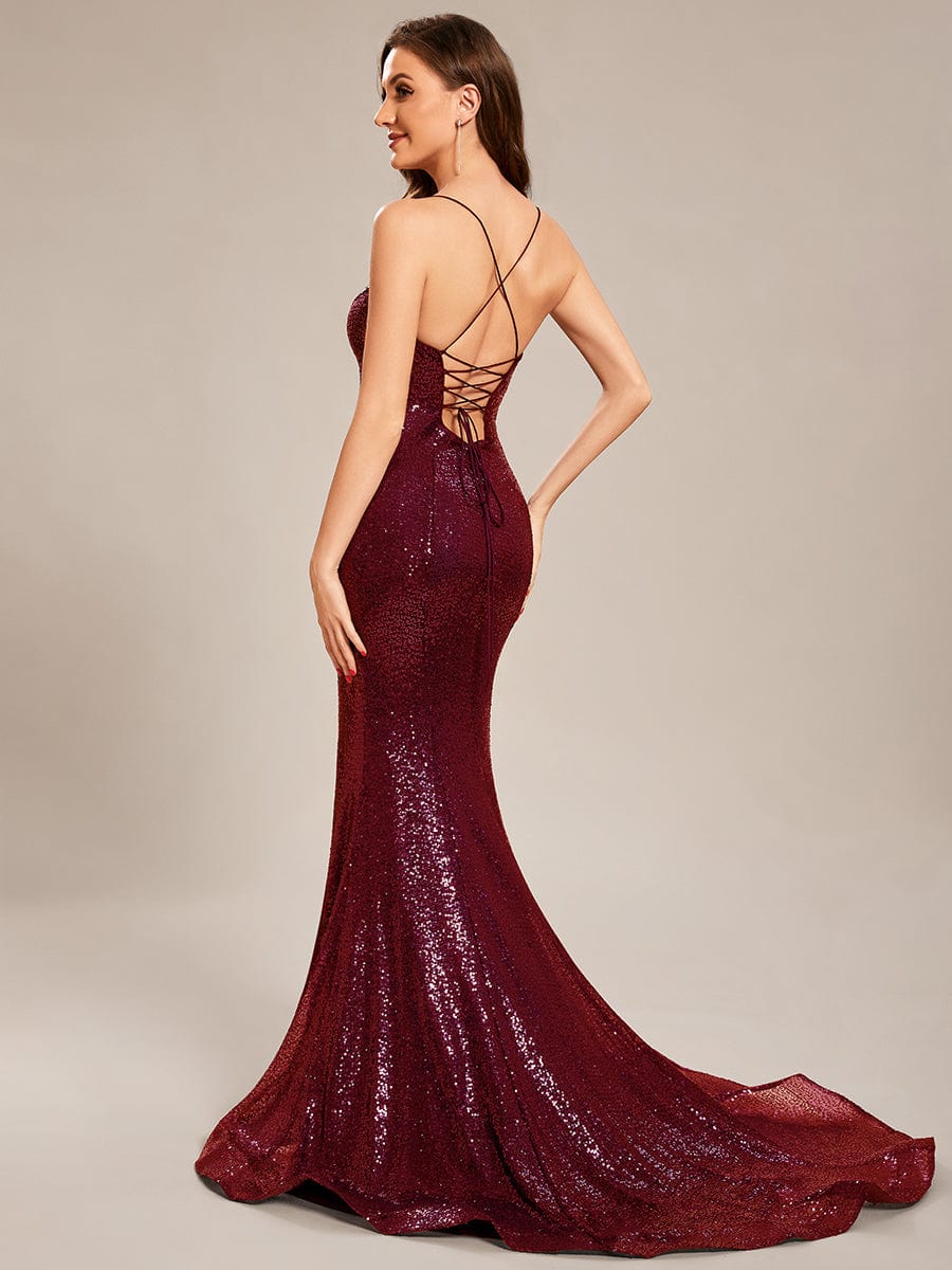 Custom Size Sequin Lace-up Back High Slid Mermaid Prom Dress #color_Burgundy