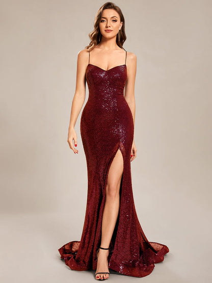 Custom Size Sequin Lace-up Back High Slid Mermaid Prom Dress #color_Burgundy