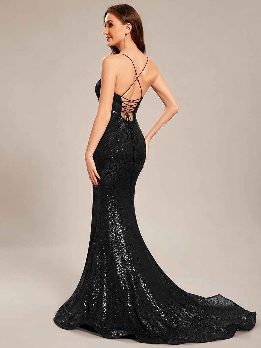 Custom Size Sequin Lace-up Back High Slid Mermaid Prom Dress #color_Black