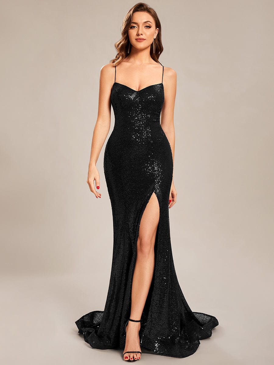 Custom Size Sequin Lace-up Back High Slid Mermaid Prom Dress #color_Black