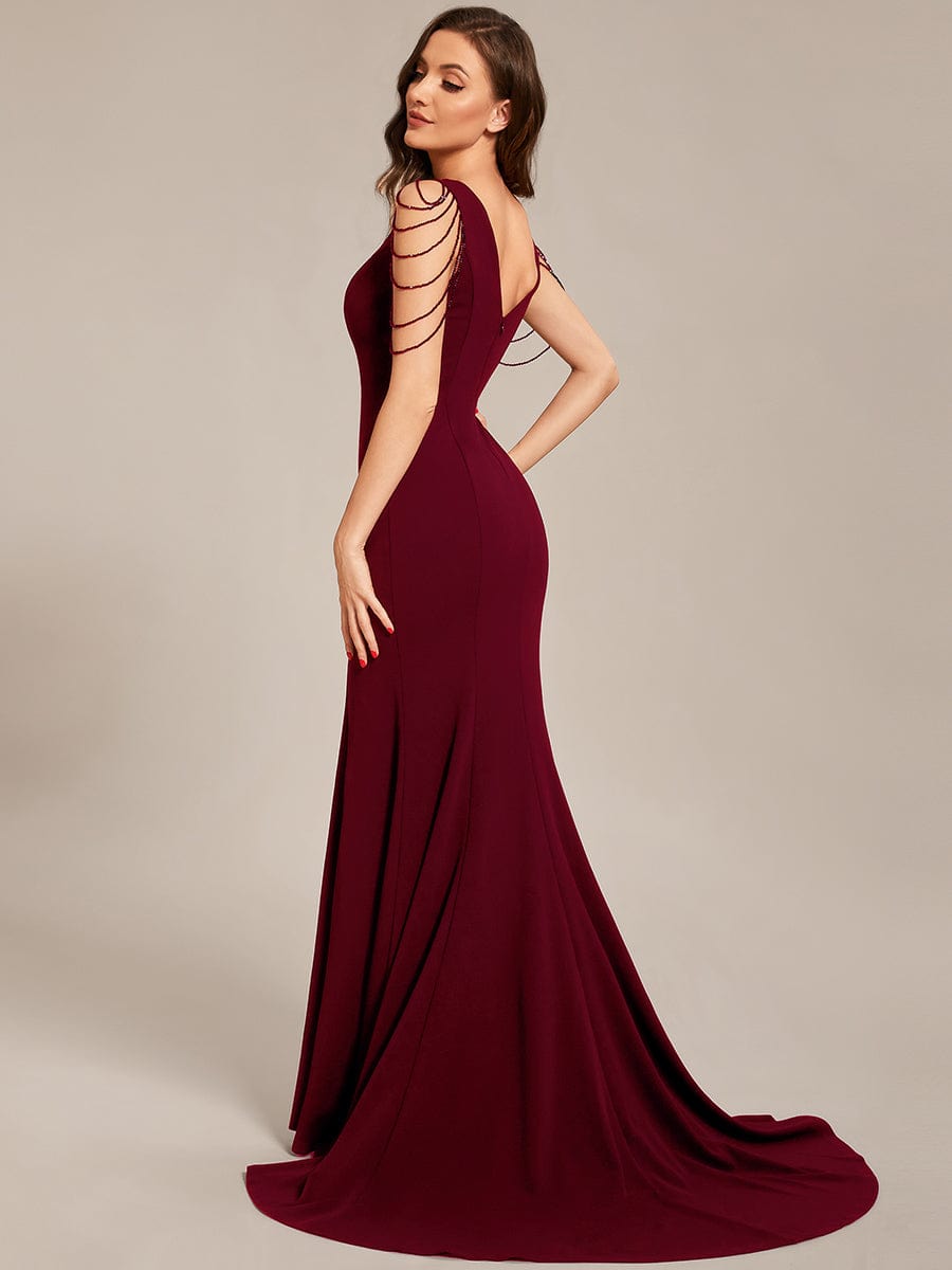 Custom Size V Neck Strectch Crepe High Front Slit Bodycon Prom Dress #color_Burgundy