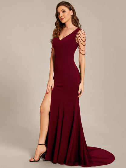 Custom Size V Neck Strectch Crepe High Front Slit Bodycon Prom Dress #color_Burgundy