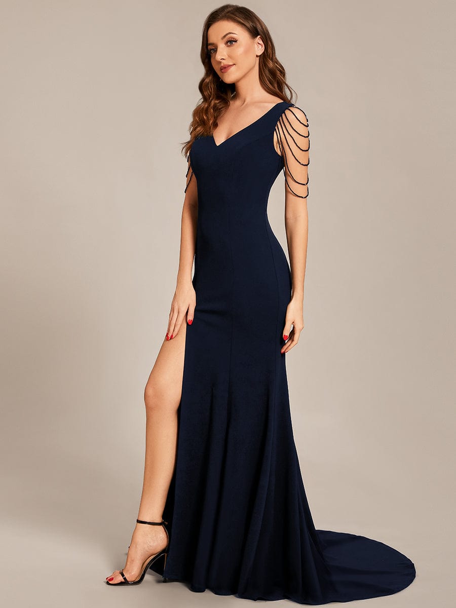 Custom Size V Neck Strectch Crepe High Front Slit Bodycon Prom Dress #color_Navy Blue