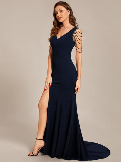 Custom Size V Neck Strectch Crepe High Front Slit Bodycon Prom Dress #color_Navy Blue