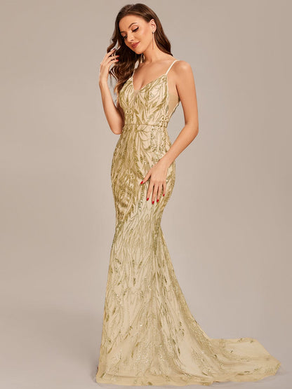 Custom Size Elegant Spaghetti Strap Long Mermaid Prom Dress #color_Gold