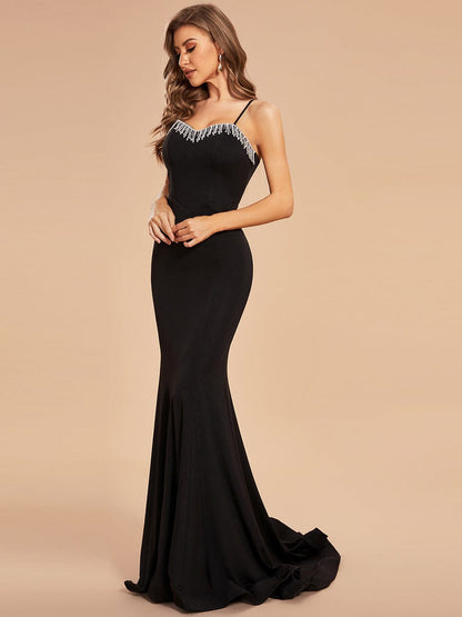 Custom Size Spaghetti Strap Neckline Beading Bodycon Mermaid Formal Dress #color_Black