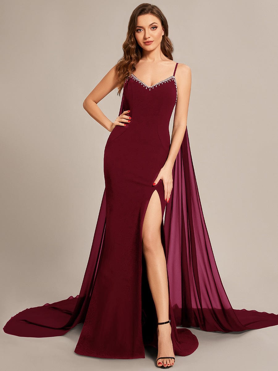 Custom Size Chiffon Streamer Spaghetti Strap Sequin Prom Dresses #color_Burgundy