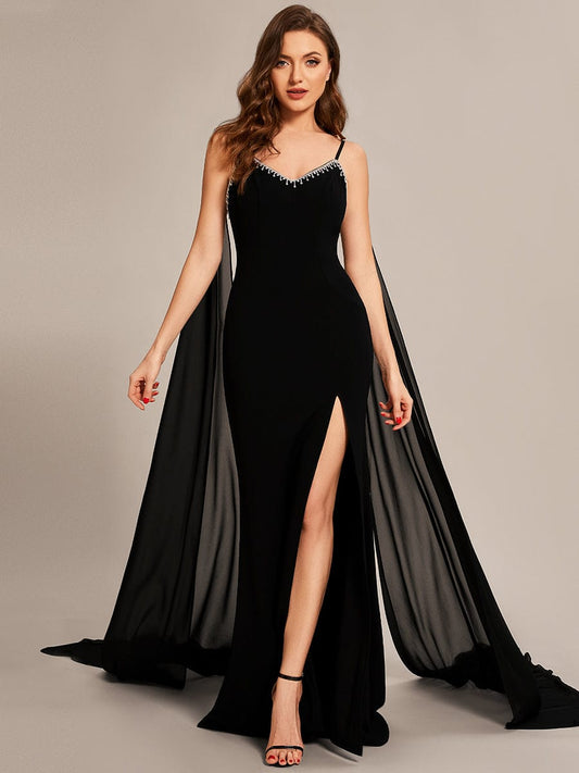 Custom Size Chiffon Streamer Spaghetti Strap Sequin Prom Dresses #color_Black