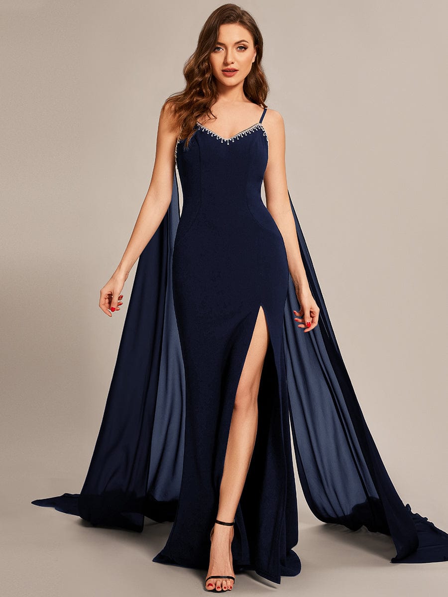 Custom Size Chiffon Streamer Spaghetti Strap Sequin Prom Dresses #color_Navy Blue