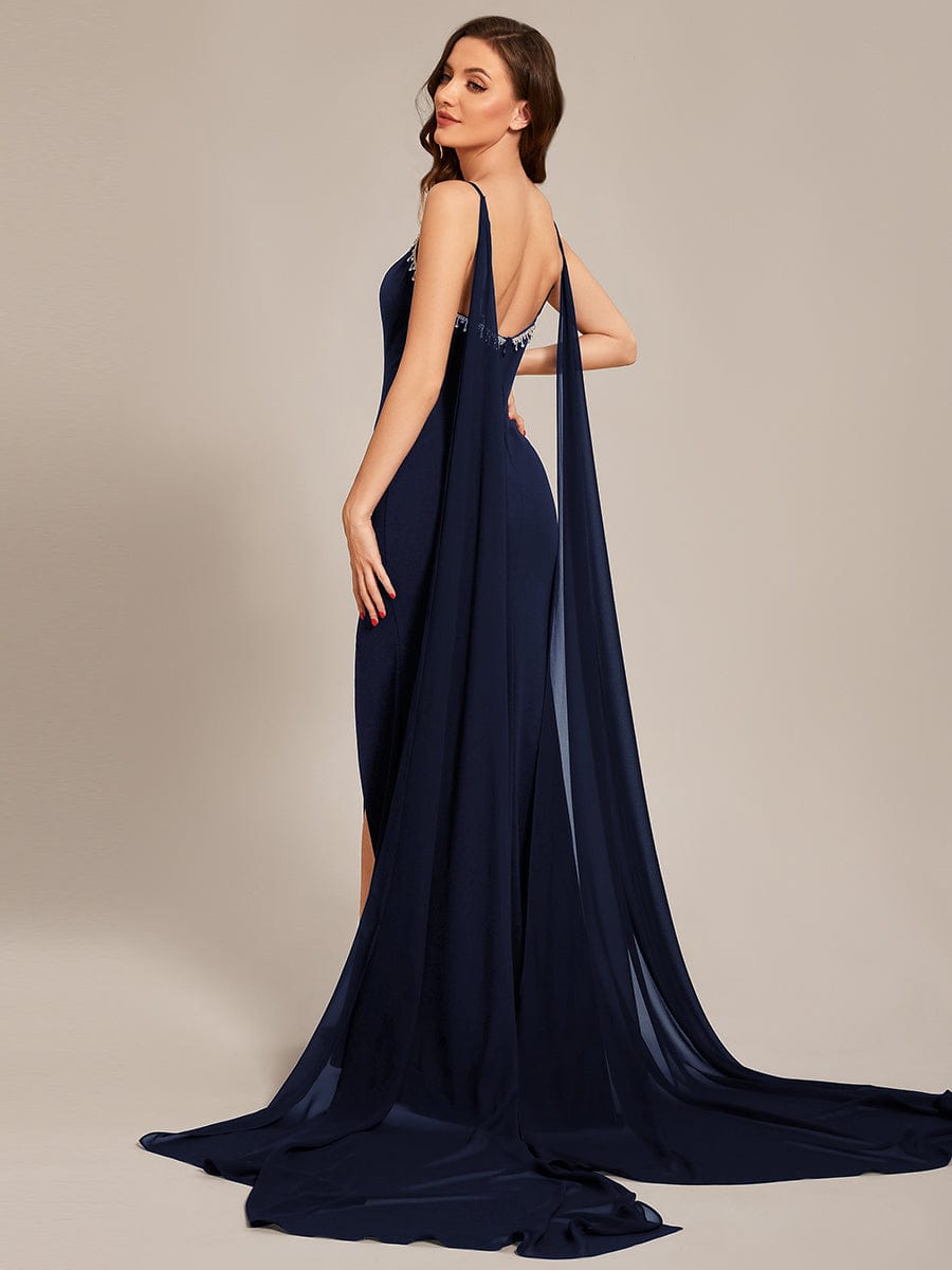 Custom Size Chiffon Streamer Spaghetti Strap Sequin Prom Dresses #color_Navy Blue