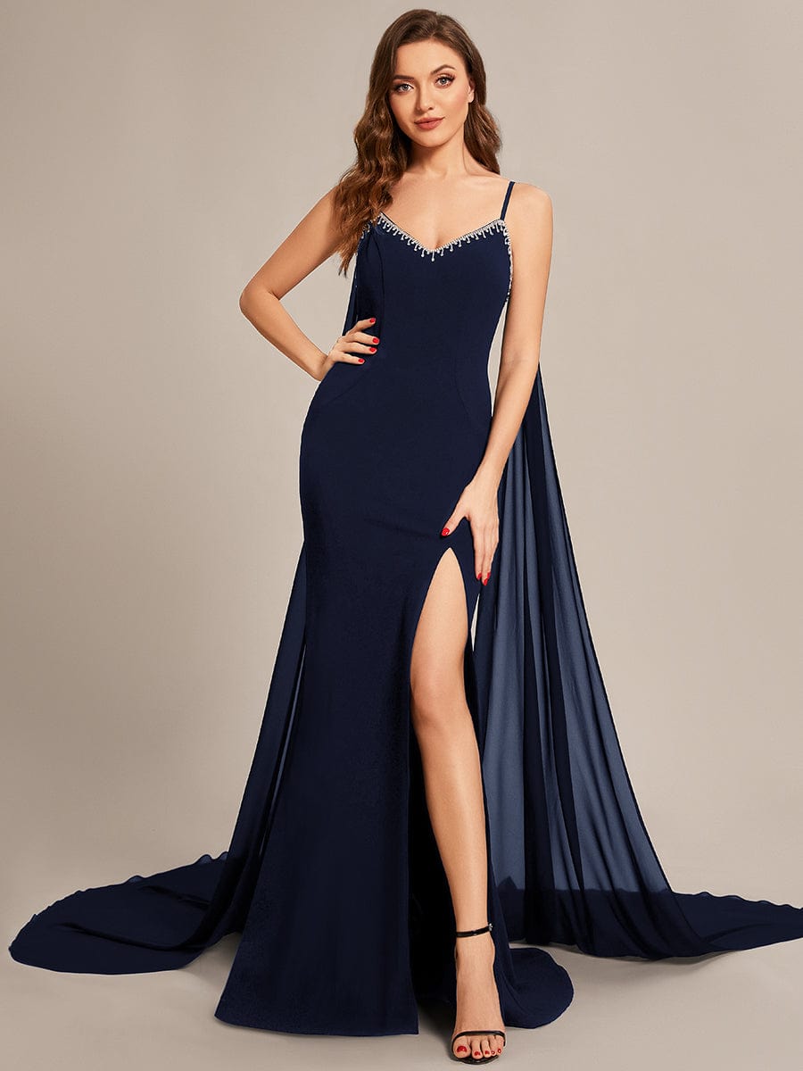 Custom Size Chiffon Streamer Spaghetti Strap Sequin Prom Dresses #color_Navy Blue