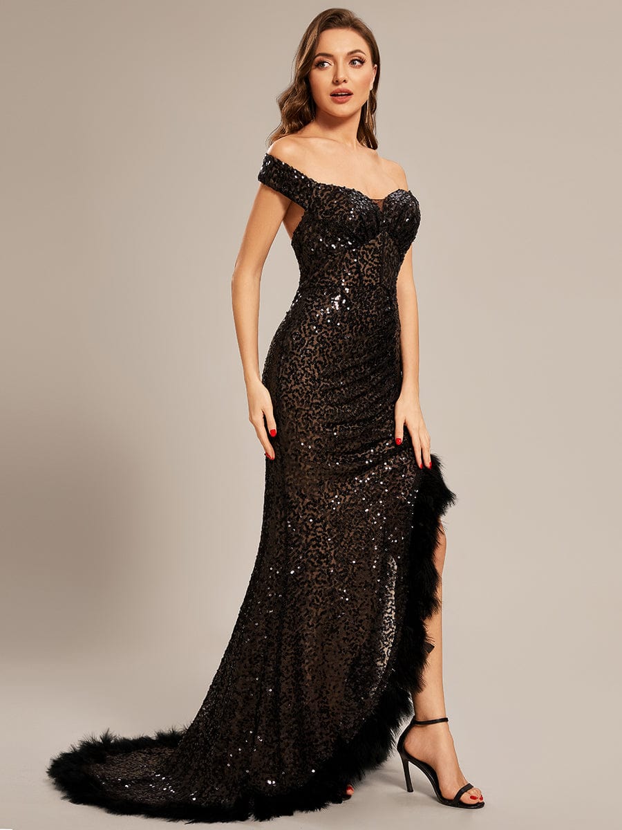 Custom Size Sexy Off Shoulder Sequin Feather High Front Slit Prom Dress #color_Black