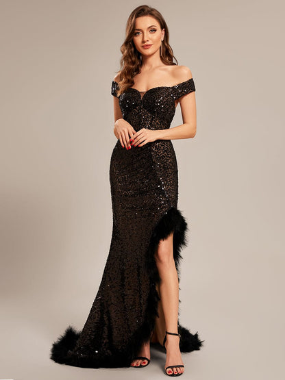 Custom Size Sexy Off Shoulder Sequin Feather High Front Slit Prom Dress #color_Black