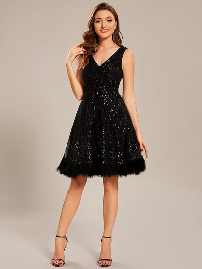 Custom Size V-neck Sequin Feather Short Prom Dress #color_Black