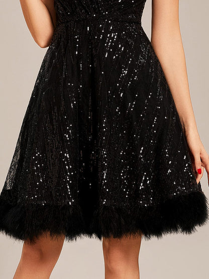 Custom Size V-neck Sequin Feather Short Prom Dress #color_Black