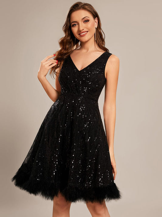 Custom Size V-neck Sequin Feather Short Prom Dress #color_Black