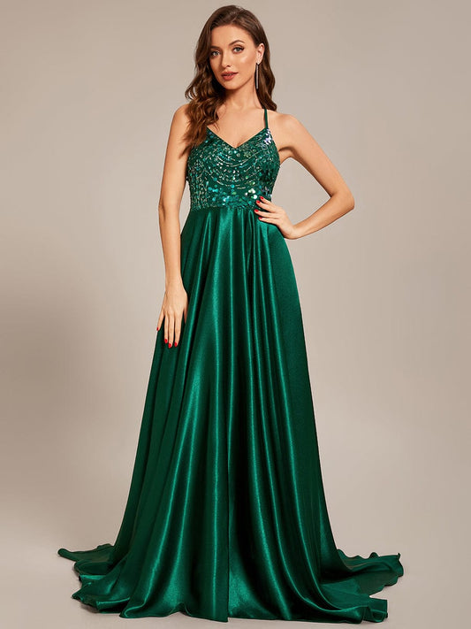 Custom Size V-neck Glitter halter long Prom Dress #color_Dark Green