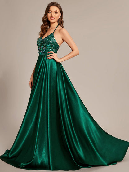 Custom Size V-neck Glitter halter long Prom Dress #color_Dark Green