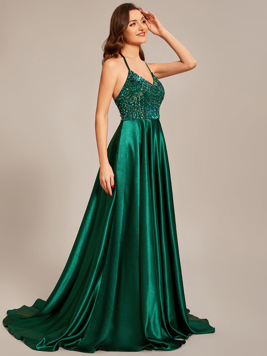 Custom Size V-neck Glitter halter long Prom Dress #color_Dark Green