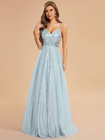 Custom Size Sparkly Spaghetti Strap A-Line Back Lace-Up Prom Dress with Tulle #color_Sky Blue