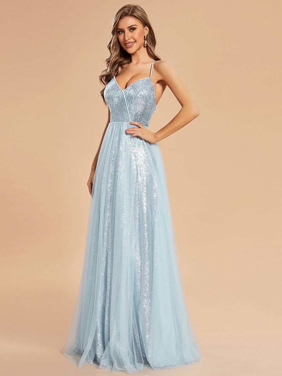 Custom Size Sparkly Spaghetti Strap A-Line Back Lace-Up Prom Dress with Tulle #color_Sky Blue