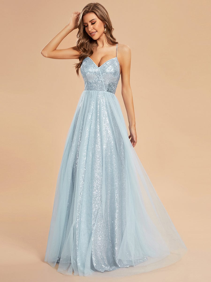 Custom Size Sparkly Spaghetti Strap A-Line Back Lace-Up Prom Dress with Tulle #color_Sky Blue