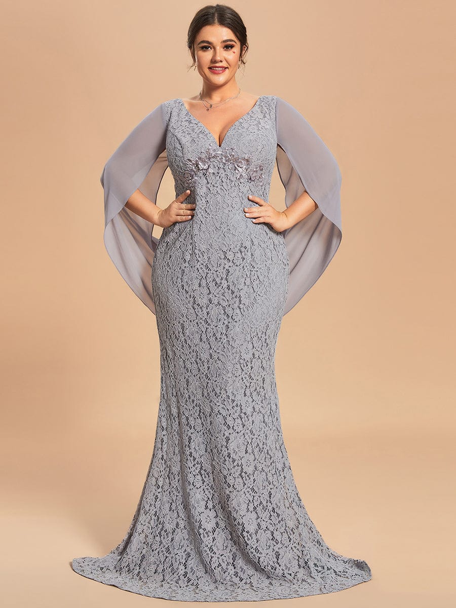 Custom Size Bodycon Lace Fishtail Long Mother of the Bride Dress #color_Grey