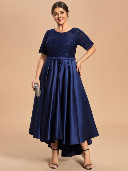 Custom Size Lace Top A-Line Round Neck Satin Mother of the Bride Dress #color_Navy Blue