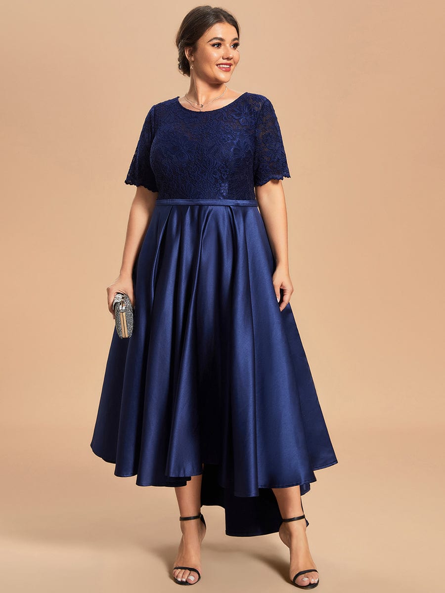 Custom Size Lace Top A-Line Round Neck Satin Mother of the Bride Dress #color_Navy Blue