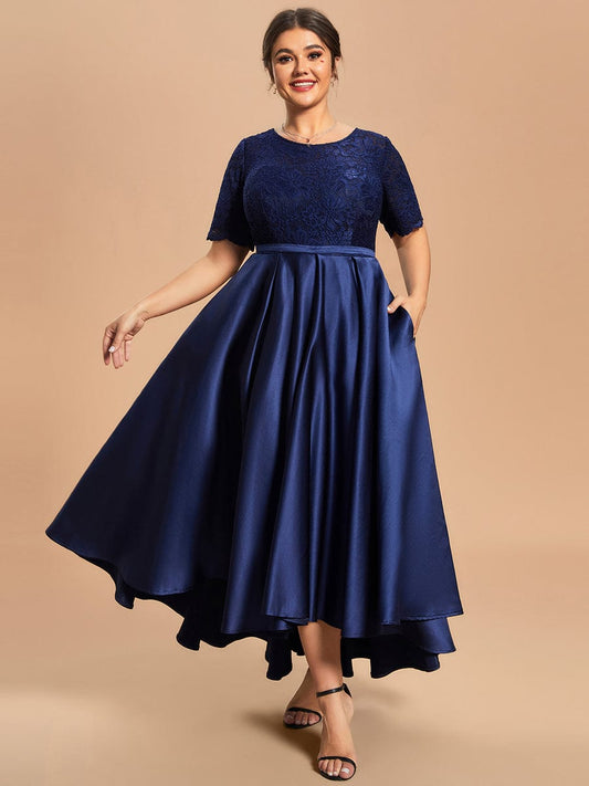 Custom Size Lace Top A-Line Round Neck Satin Mother of the Bride Dress #color_Navy Blue