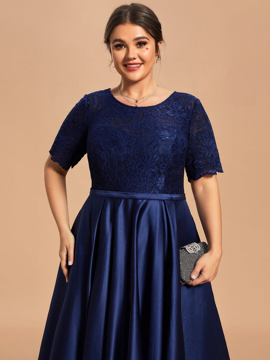 Custom Size Lace Top A-Line Round Neck Satin Mother of the Bride Dress #color_Navy Blue