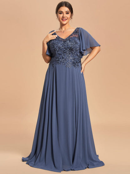 Custom Size Exquisite V-Neck Chiffon Mother of the Bride Dress with Embroidery  #color_Stormy