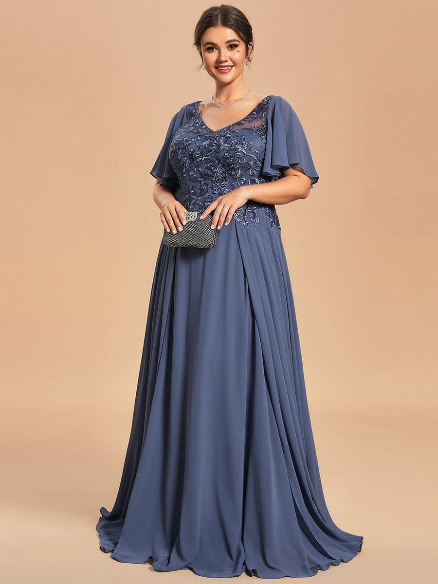 Custom Size Exquisite V-Neck Chiffon Mother of the Bride Dress with Embroidery  #color_Stormy