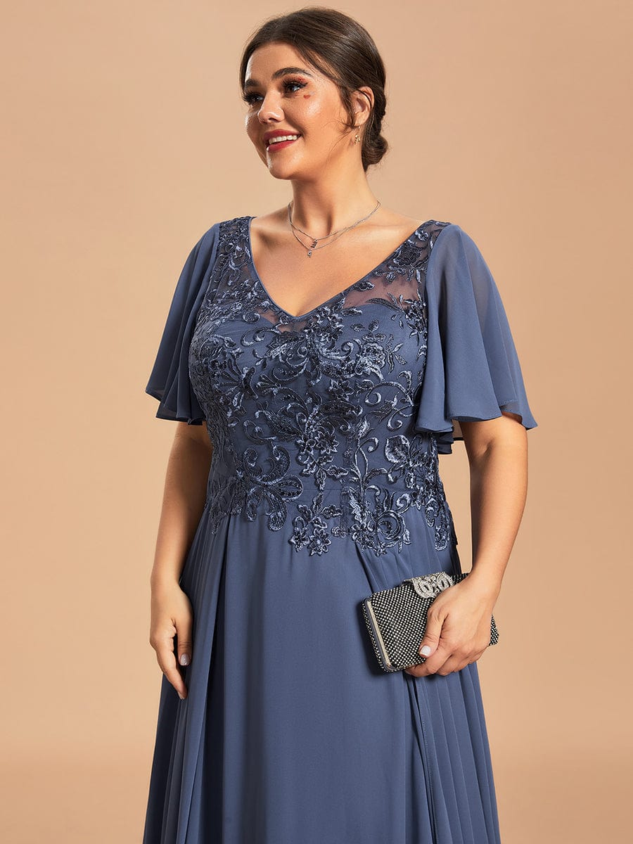 Custom Size Exquisite V-Neck Chiffon Mother of the Bride Dress with Embroidery  #color_Stormy